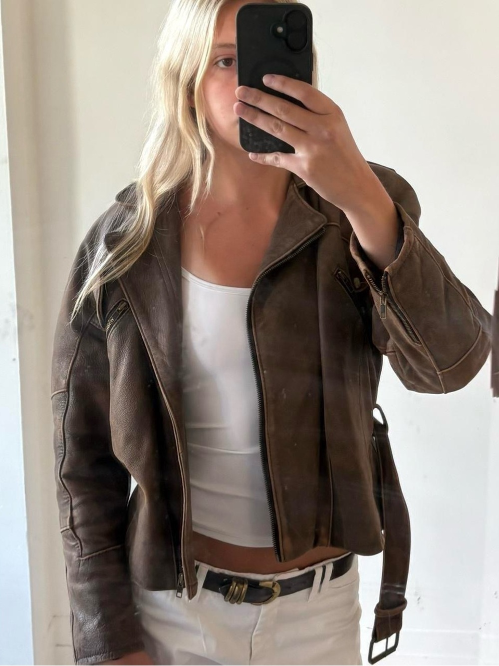 vintage 100% leather jacket biker style with straps